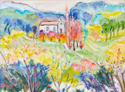 une peinture à l'huile représentant une maison sur une colline, avec des arbres au premier plan
