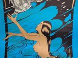 a blue poster with a woman swimming in a body of water