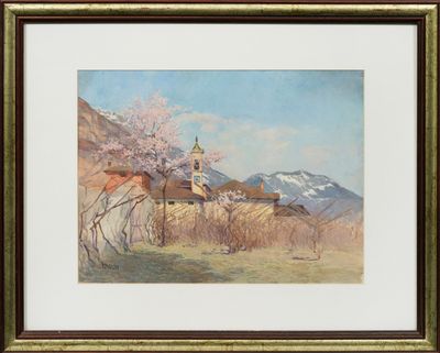 an image of a painting of a horse in a field with a church in the background