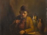 un vieux tableau représentant un homme assis à une table avec un verre de vin