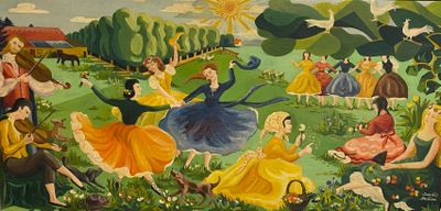a painting of a group of people sitting in a field