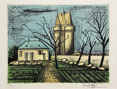 an image of a drawing of a house and trees in a field