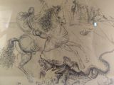 a drawing of a man riding on a horse with a dog