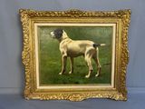 an oil painting of a dog standing in a field of grass