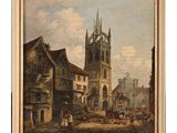 peinture d'une scène de rue avec une église à l'arrière-plan