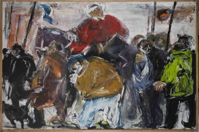 un tableau représentant un homme à cheval devant un groupe de personnes