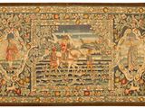 an antique tapestry with a picture of a man riding a horse