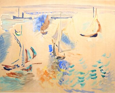 a painting of boats in the water on the beach