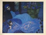 un tableau représentant une femme allongée dans son lit avec un chat