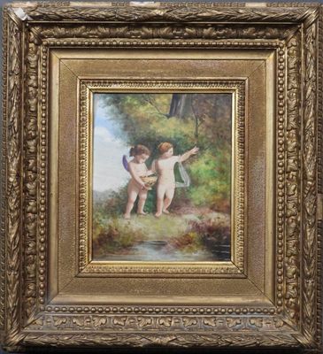 une peinture à l'huile représentant deux « cher chers » dans un décor boisé