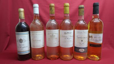 six bottles of wine are lined up in a row on a red background