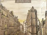 a poster of a street with people walking down it