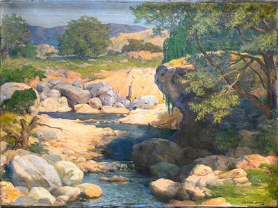 a painting of a stream running through a rocky area