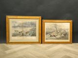 two framed prints of horses and jockeys racing on a track