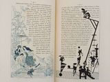 an open book with a drawing of a man on a ladder