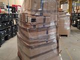 a large stack of boxes sitting on a pallet in a warehouse