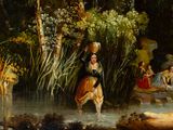 a painting of a woman carrying a basket on her head