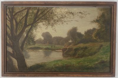 une peinture à l'huile représentant une scène de rivière avec un bateau dans l'eau