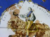 a picture of a man riding a horse on a blue and white background