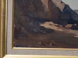 a painting of a lighthouse on a cliff by the water