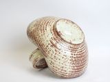 a white and brown vase sitting on a white surface