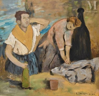 a painting of a man and a woman with a bottle of wine