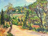 painting of a country road with trees and bushes in the foreground