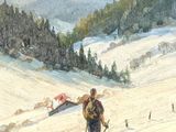 a painting of a man on skis in the snow