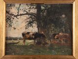 a painting of cows grazing in a field under a tree