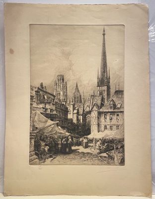 an old drawing of a city with a church steeple in the background