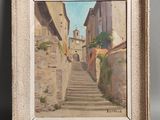 une peinture à l'huile représentant une rue avec des marches menant à un immeuble