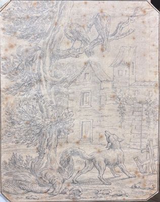 une image représentant un dessin d'un homme et d'un chien devant une maison