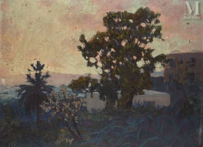an oil painting of a tree in a field with a building in the background