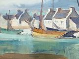 a painting of a boat in the water by the shore