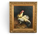 tableau représentant un coq dans un cadre doré accroché à un mur blanc