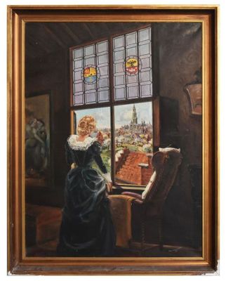 une peinture à l'huile représentant une femme regardant la ville par la fenêtre