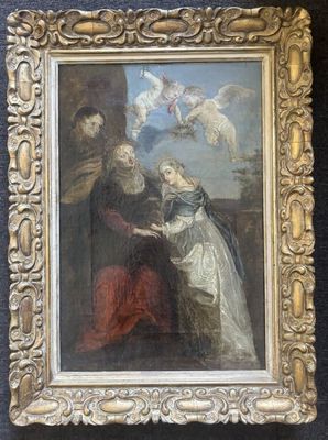 une image représentant un tableau où figurent une femme et un homme accompagnés d'une colombe