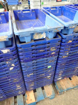 several blue plastic containers stacked on top of each other in a warehouse
