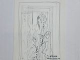 a drawing of a woman standing in front of a window