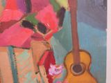a painting of a guitar and a vase of flowers