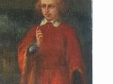 painting of a boy in a red coat with a dog