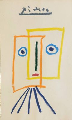 peinture représentant le visage d'un homme sur une feuille de papier, avec des lignes bleues et jaunes