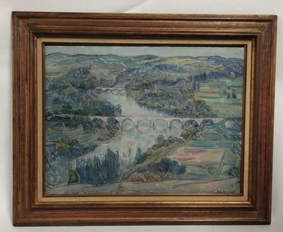 une peinture à l'huile représentant un pont au-dessus d'une rivière, dans un cadre en bois