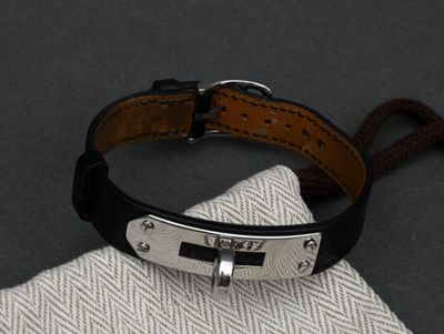 leather bracelet with stainless steel clasp and black leather strap