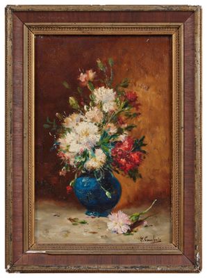 an oil painting of a vase of flowers on a table