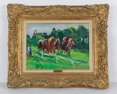 un tableau représentant un groupe de chevaux dans un pré