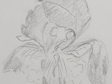 drawing of a woman with a hat and a scarf in her hands
