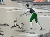 a man and a dog playing frisbee on the beach