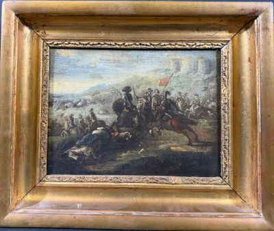un vieux tableau représentant une scène militaire avec un homme à cheval