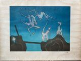 tableau représentant un groupe de personnes sautant d'une falaise dans l'océan